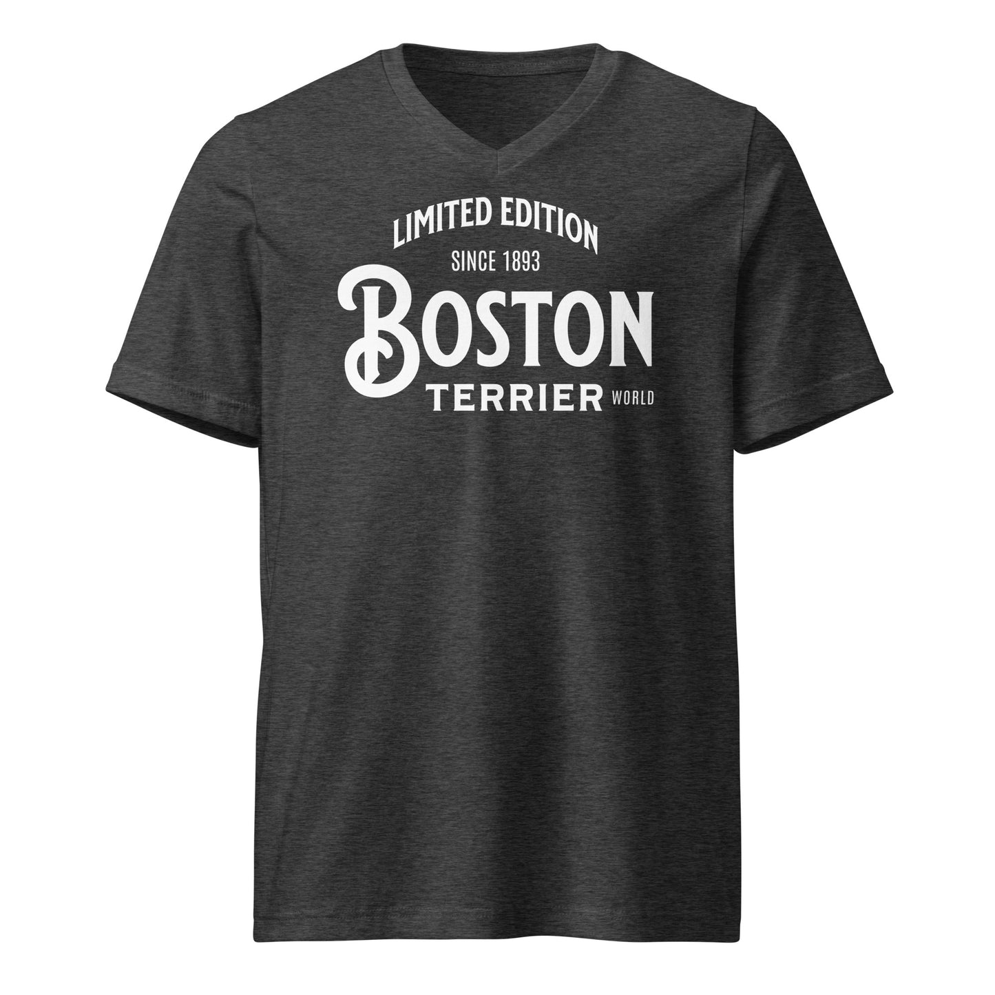 Limited Edition Boston Terrier World Unisex Short Sleeve V-Neck T-Shirt . Dark Grey Heather