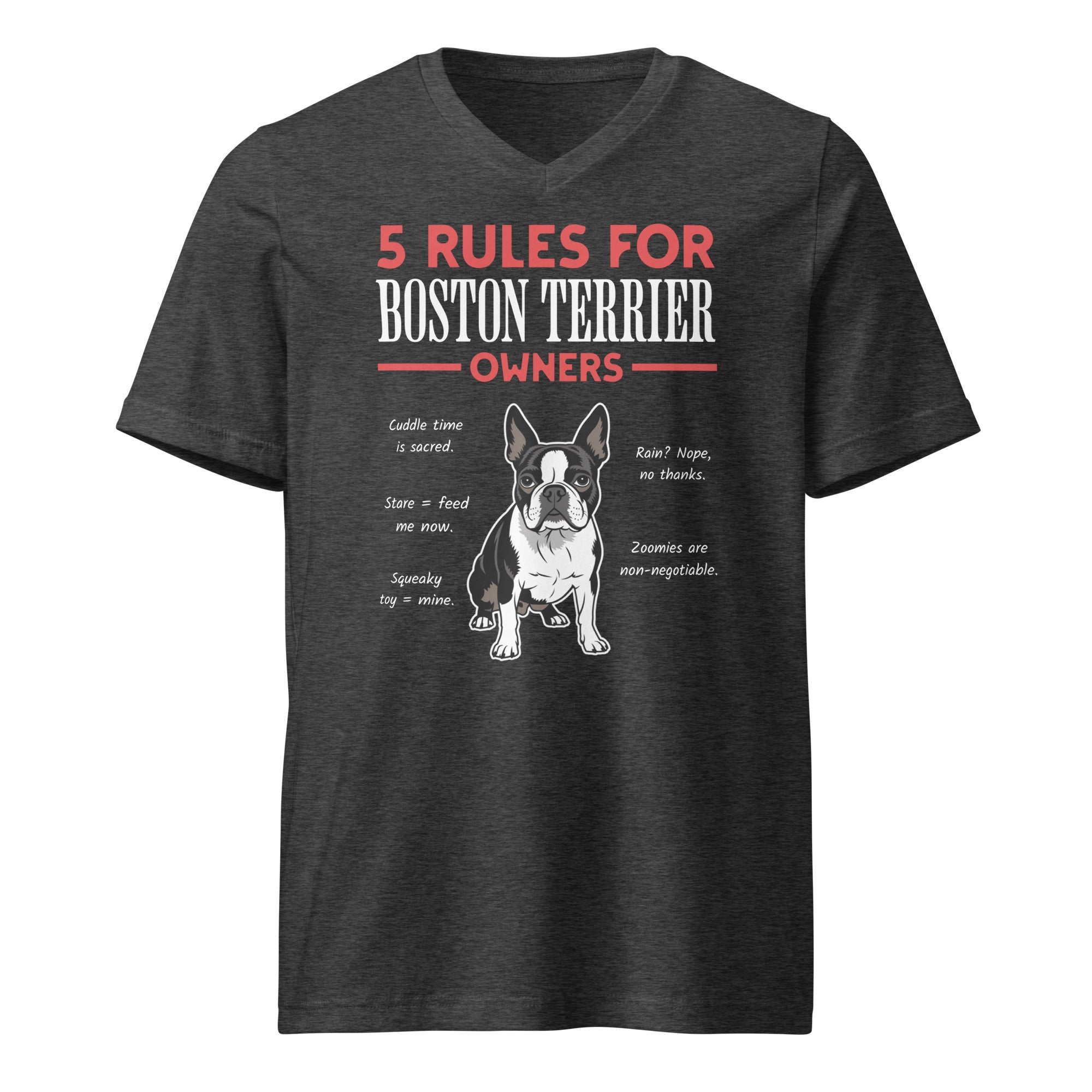 5 Rules For Boston Terrier Owners Unisex Short Sleeve V-Neck T-Shirt . Dark Grey Heather