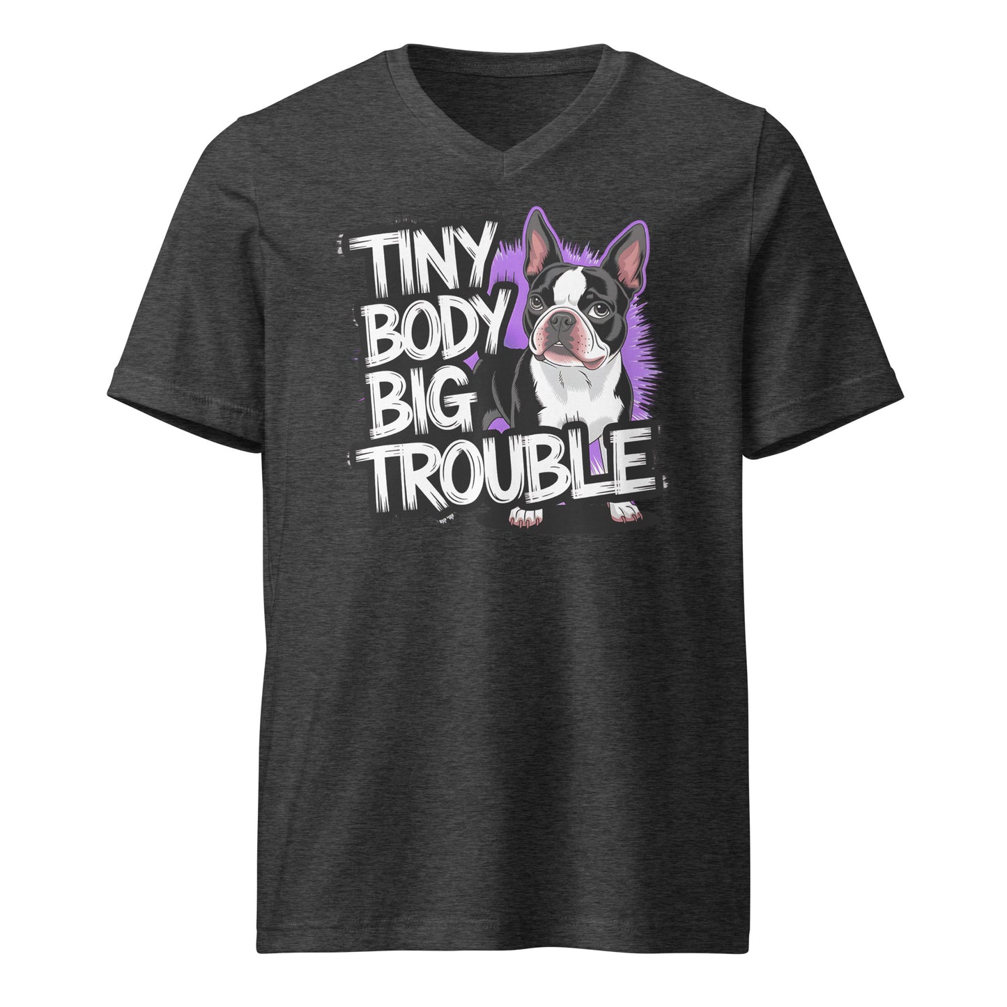 Tiny Body Big Trouble Unisex Short Sleeve V-Neck T-Shirt . Dark Grey Heather