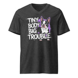 Tiny Body Big Trouble Unisex Short Sleeve V-Neck T-Shirt . Dark Grey Heather