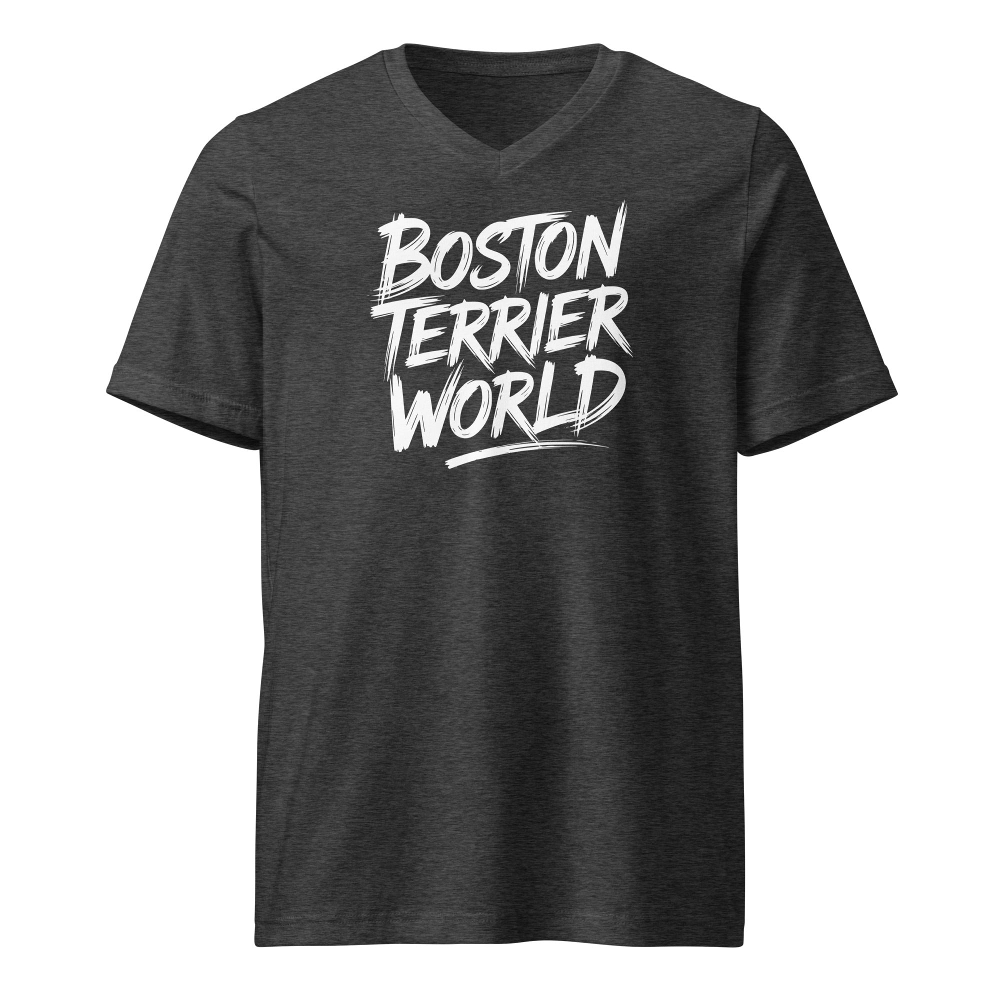 Boston Terrier World Signature Unisex Short Sleeve V-Neck T-Shirt . Dark Grey Heather