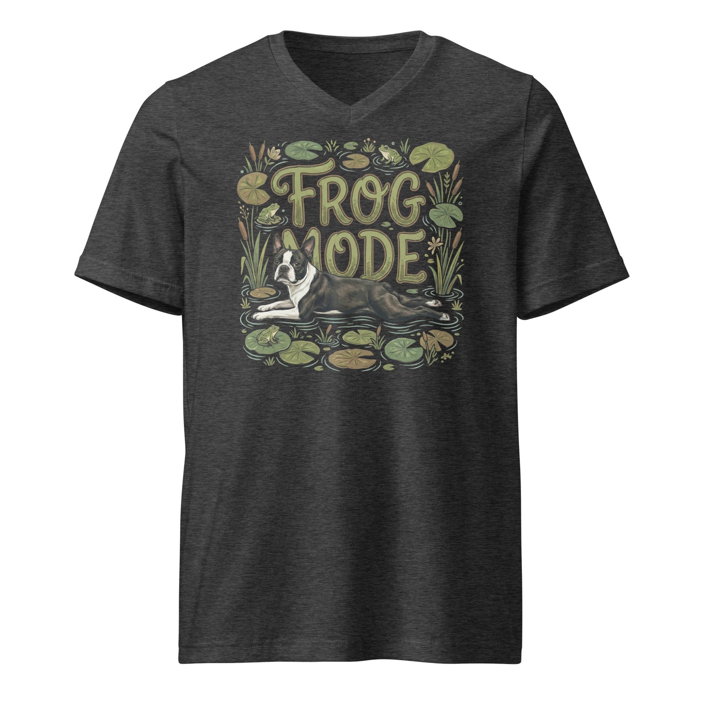 Frog Mode Boston Terrier Dog Unisex Short Sleeve V-Neck T-Shirt . Dark Grey Heather