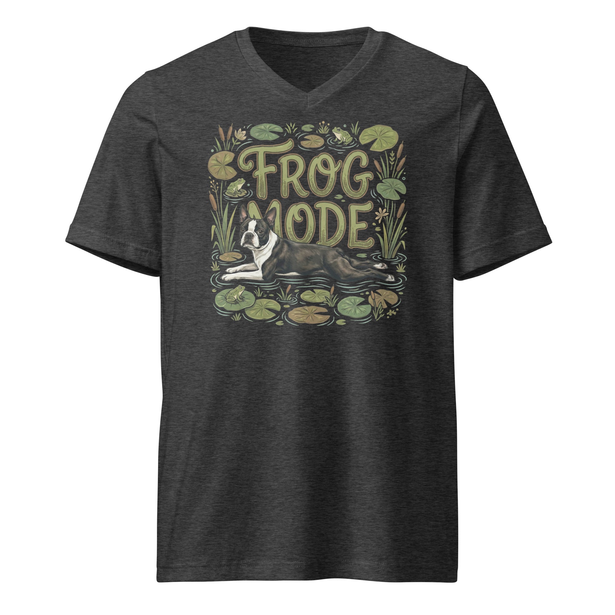 Frog Mode Boston Terrier Dog Unisex Short Sleeve V-Neck T-Shirt . Dark Grey Heather