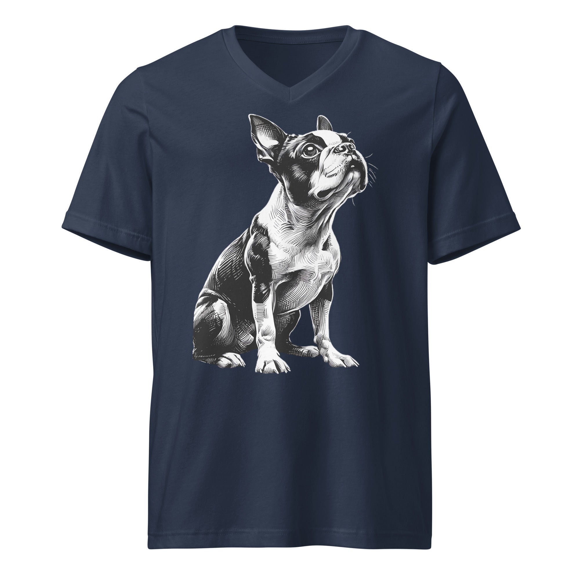Boston Terrier Line Art Unisex Short Sleeve V-Neck T-Shirt . Navy