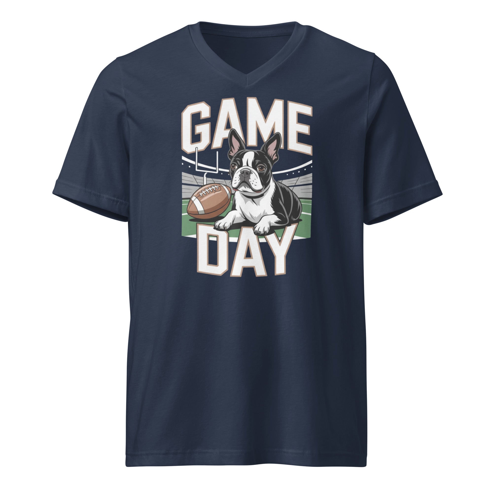 Football Boston Terrier Dog Game Day Unisex Short Sleeve V-Neck T-Shirt . Navy