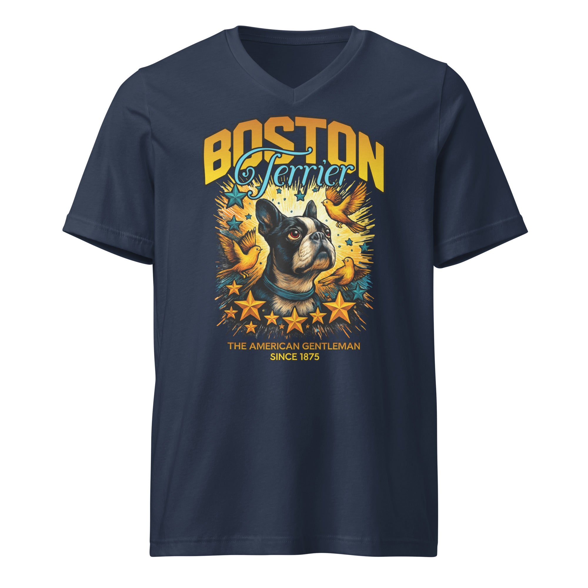 Stars And Birds Boston Terrier Since 1875 Unisex Short Sleeve V-Neck T-Shirt . Navy