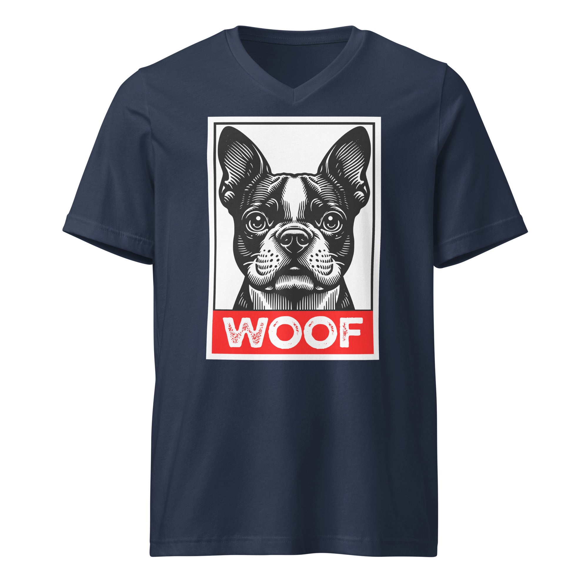 Woof Boston Terrier Dog Unisex Short Sleeve V-Neck T-Shirt . Navy