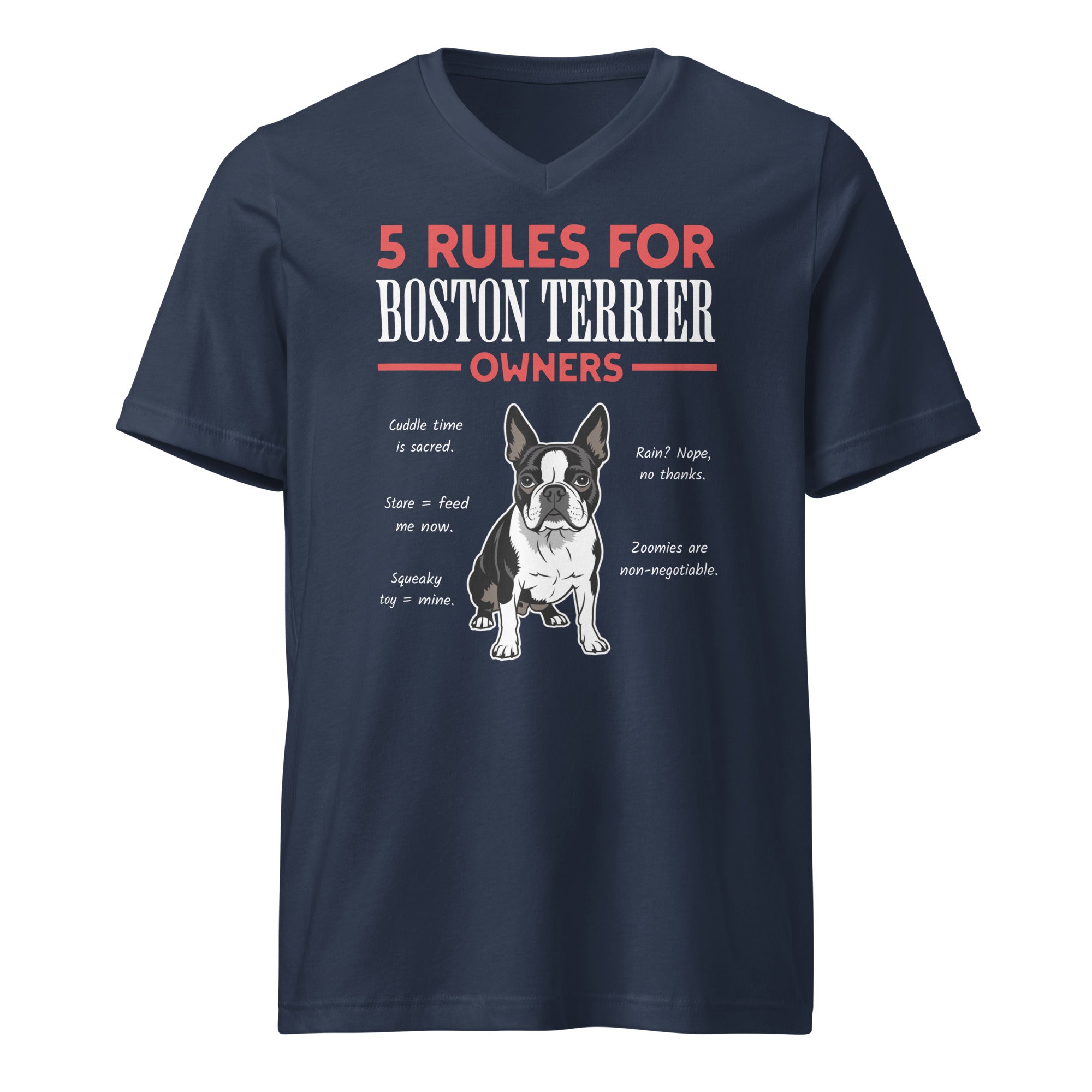 5 Rules For Boston Terrier Owners Unisex Short Sleeve V-Neck T-Shirt . Navy