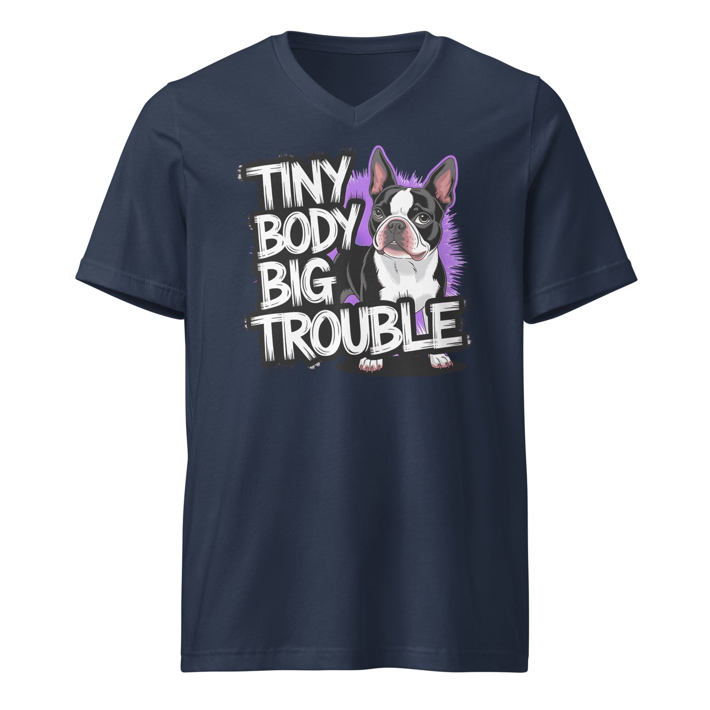 Tiny Body Big Trouble Unisex Short Sleeve V-Neck T-Shirt . Navy