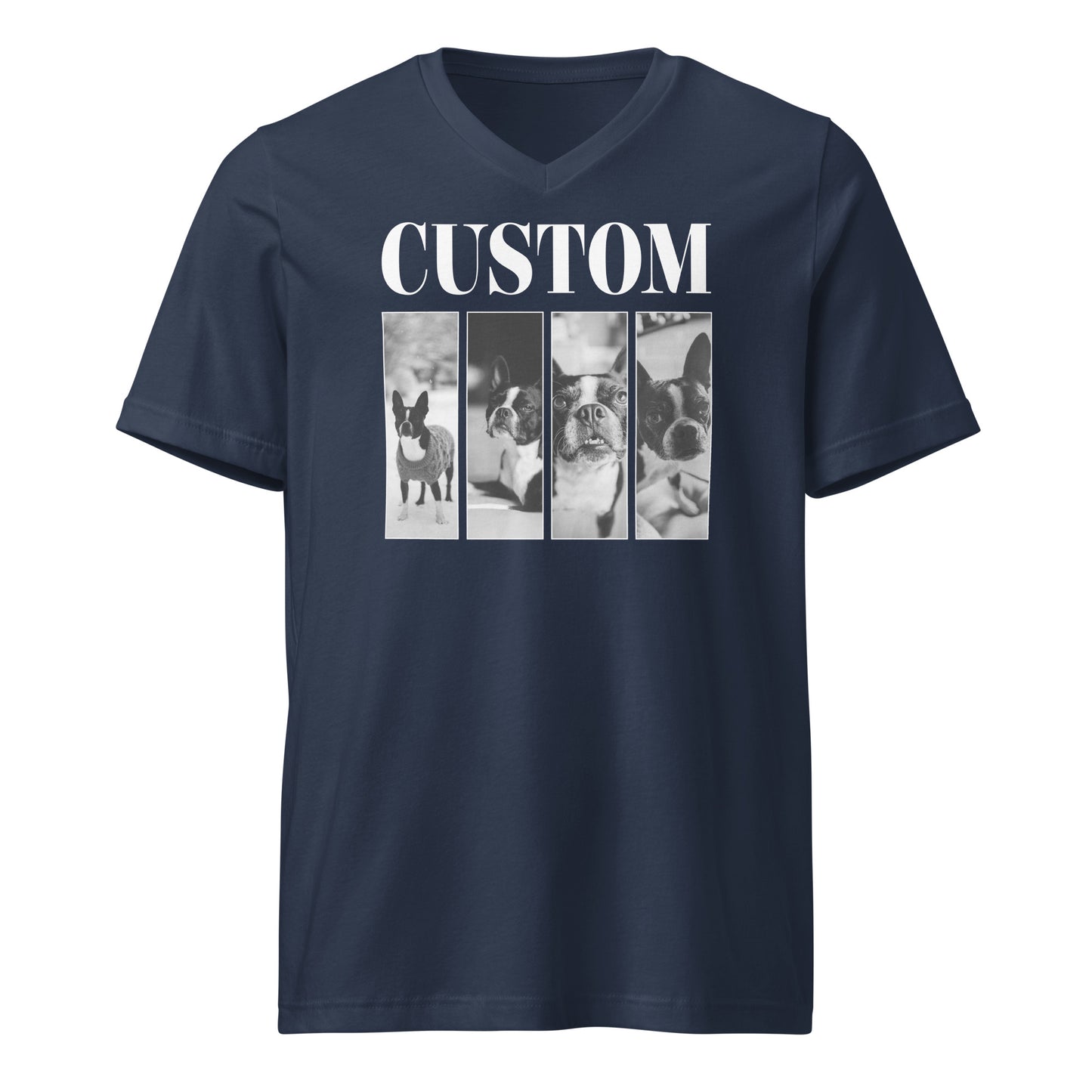 Custom Vintage Pet Photos Unisex Short Sleeve V-Neck T-Shirt . Navy