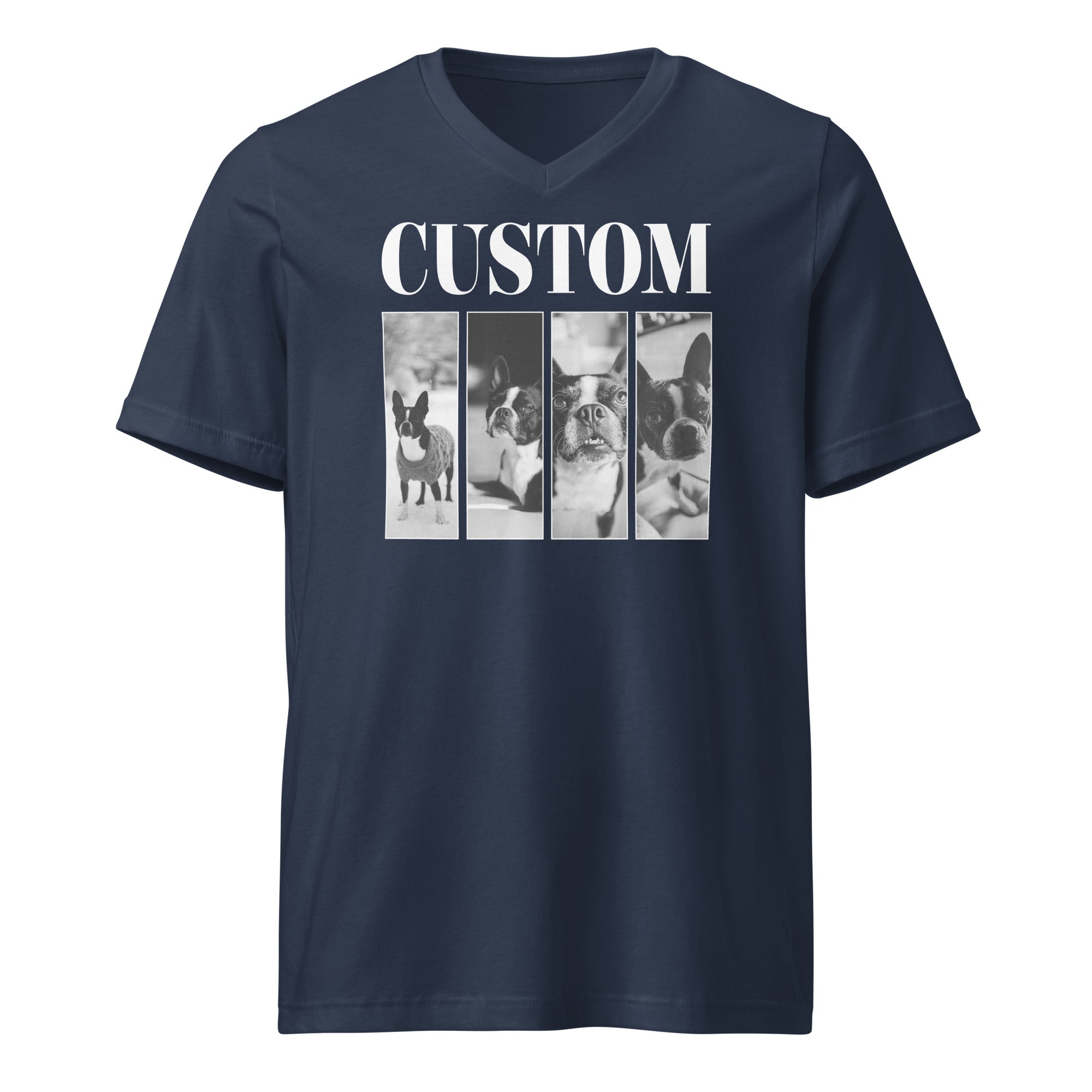 Custom Vintage Pet Photos Unisex Short Sleeve V-Neck T-Shirt . Navy