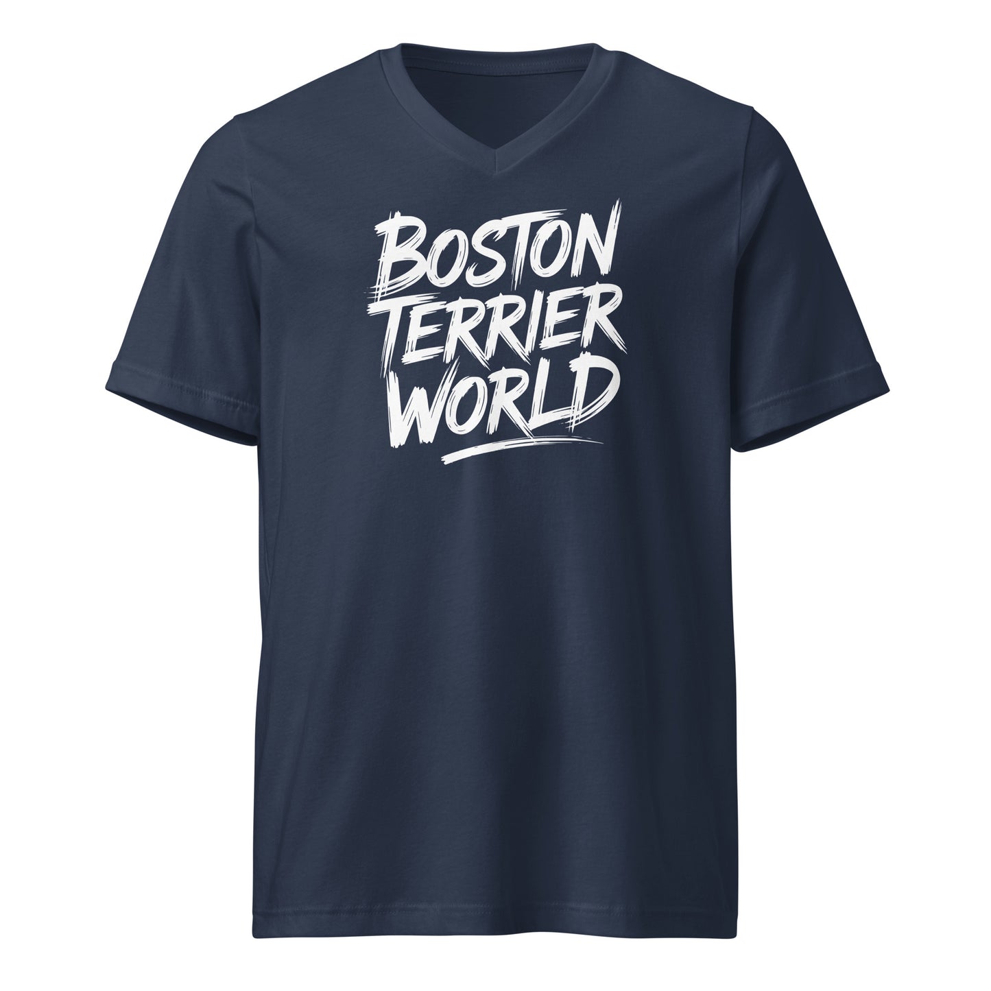 Boston Terrier World Signature Unisex Short Sleeve V-Neck T-Shirt . Navy