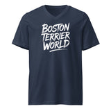 Boston Terrier World Signature Unisex Short Sleeve V-Neck T-Shirt . Navy