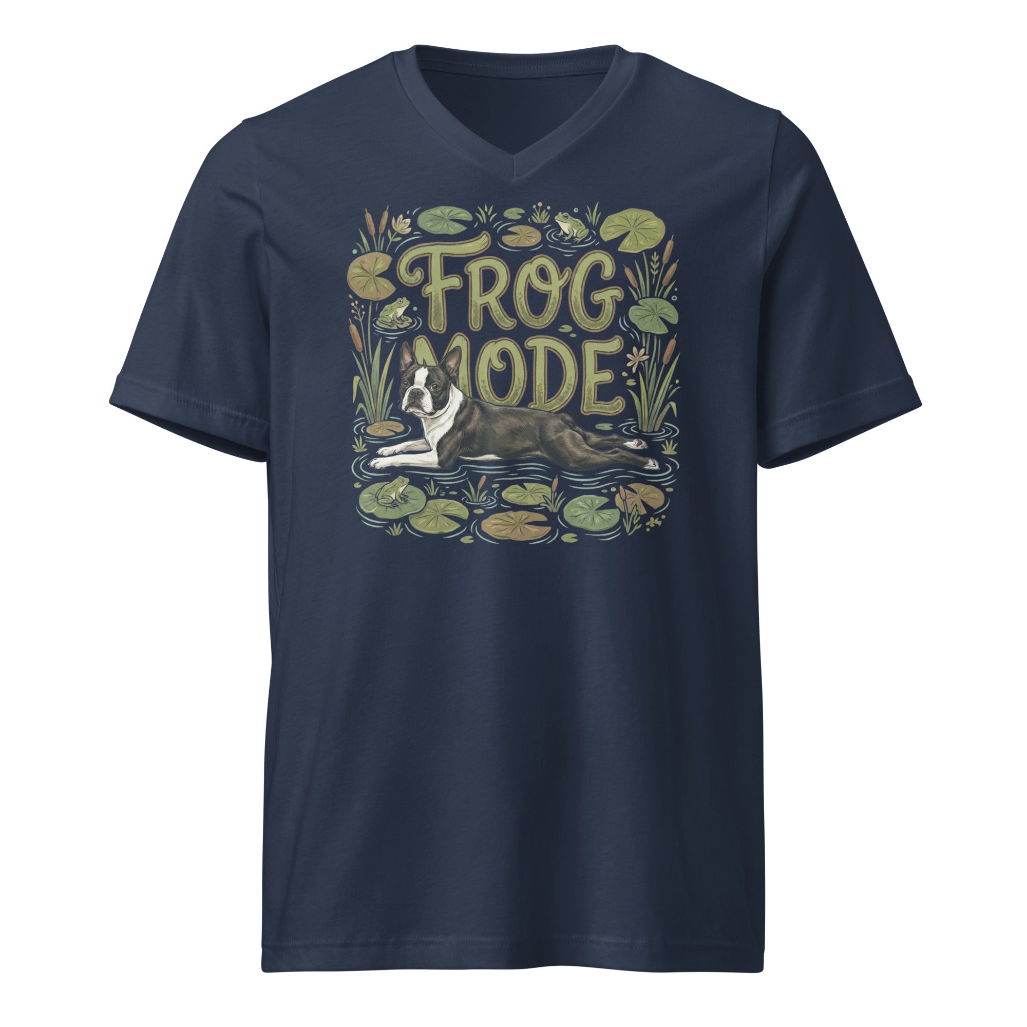 Frog Mode Boston Terrier Dog Unisex Short Sleeve V-Neck T-Shirt . Navy
