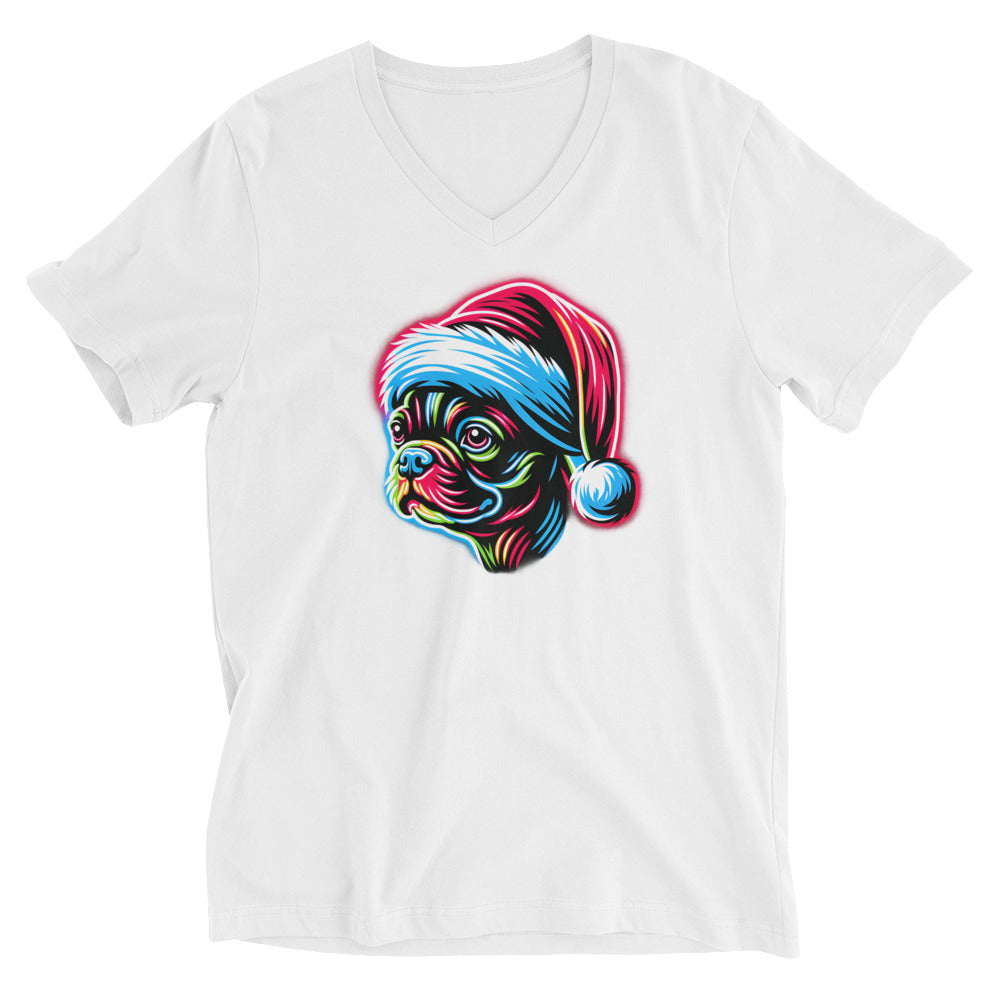 Bright Boston Holiday Santa Pup Style Unisex Short Sleeve V-Neck T-Shirt