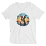 Hawaii Vibe Boston Terrier Sitting On The Beach Unisex Short Sleeve V-Neck T-Shirt