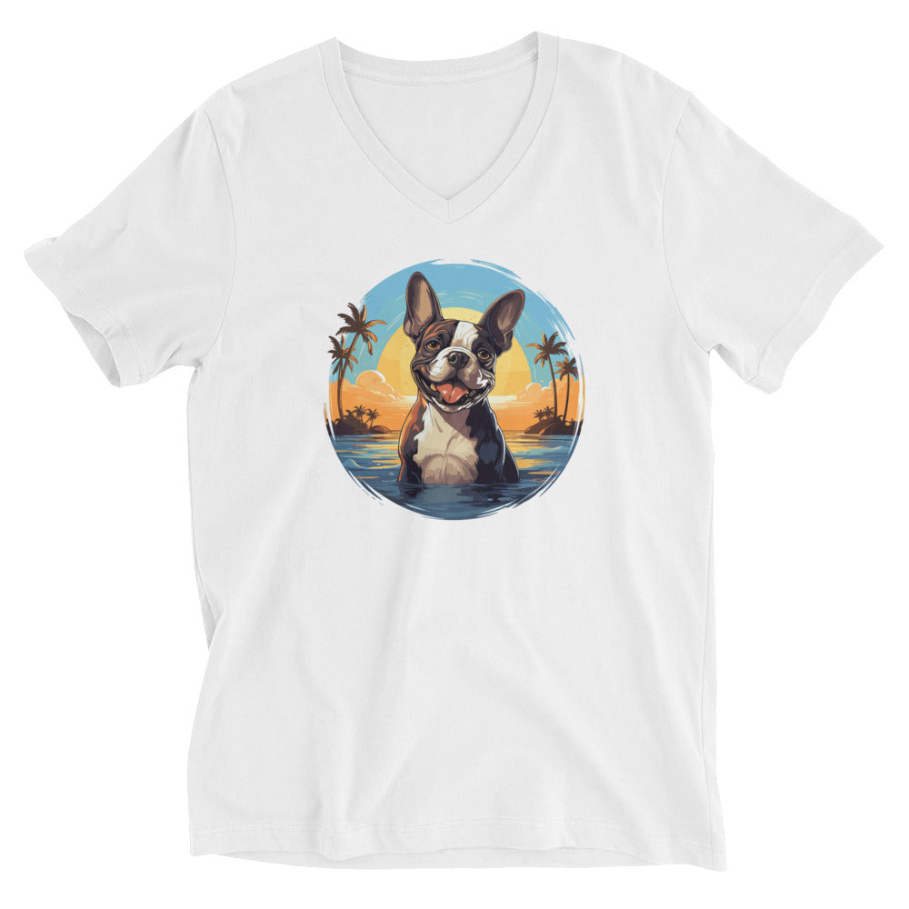 Hawaii Vibe Boston Terrier Sitting On The Beach Unisex Short Sleeve V-Neck T-Shirt