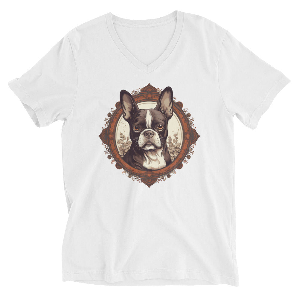 Vintage-Inspired Red Brown Boston Terrier Unisex Short Sleeve V-Neck T-Shirt . White