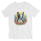 Boston Terrier Surrounded By Vibrant Flowers Unisex Short Sleeve V-Neck T-Shirt