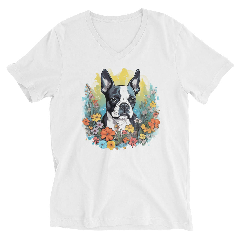 Boston Terrier Surrounded By Vibrant Flowers Unisex Short Sleeve V-Neck T-Shirt