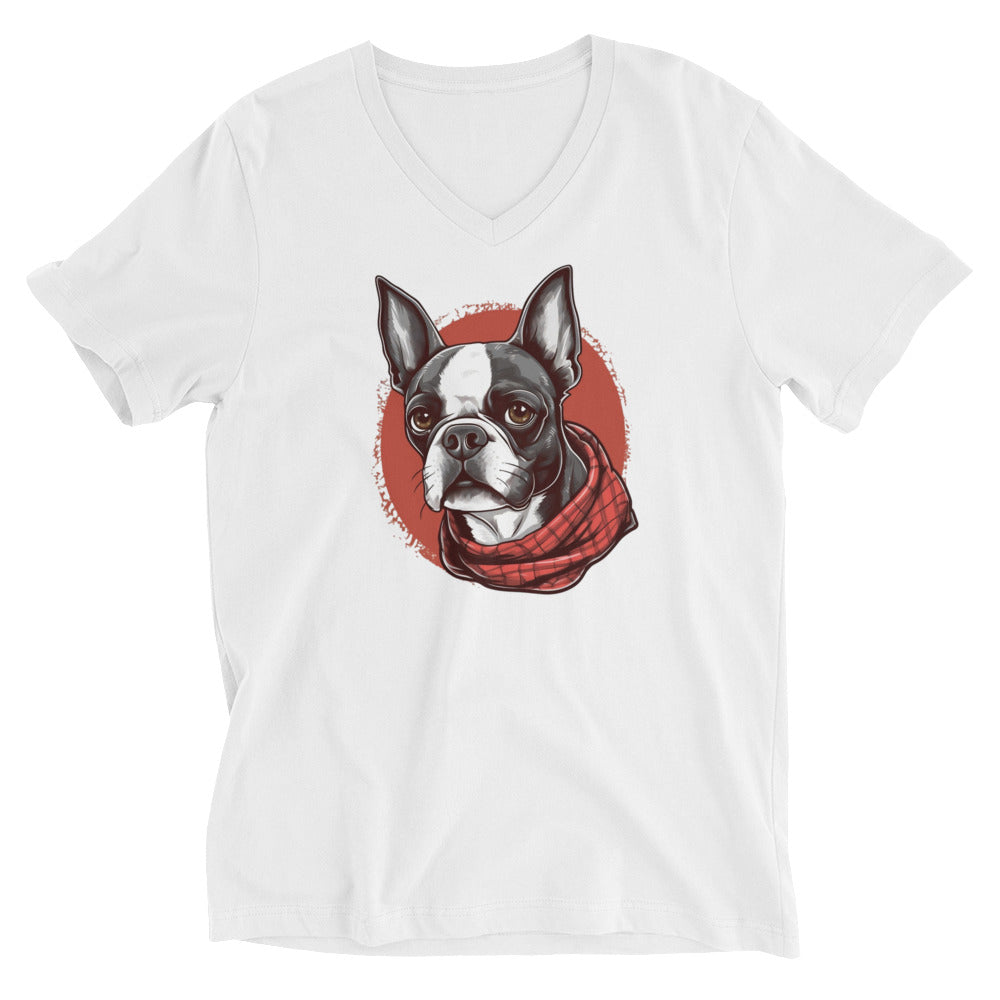 Boston Terrier Red Bandana Unisex Short Sleeve V-Neck T-Shirt