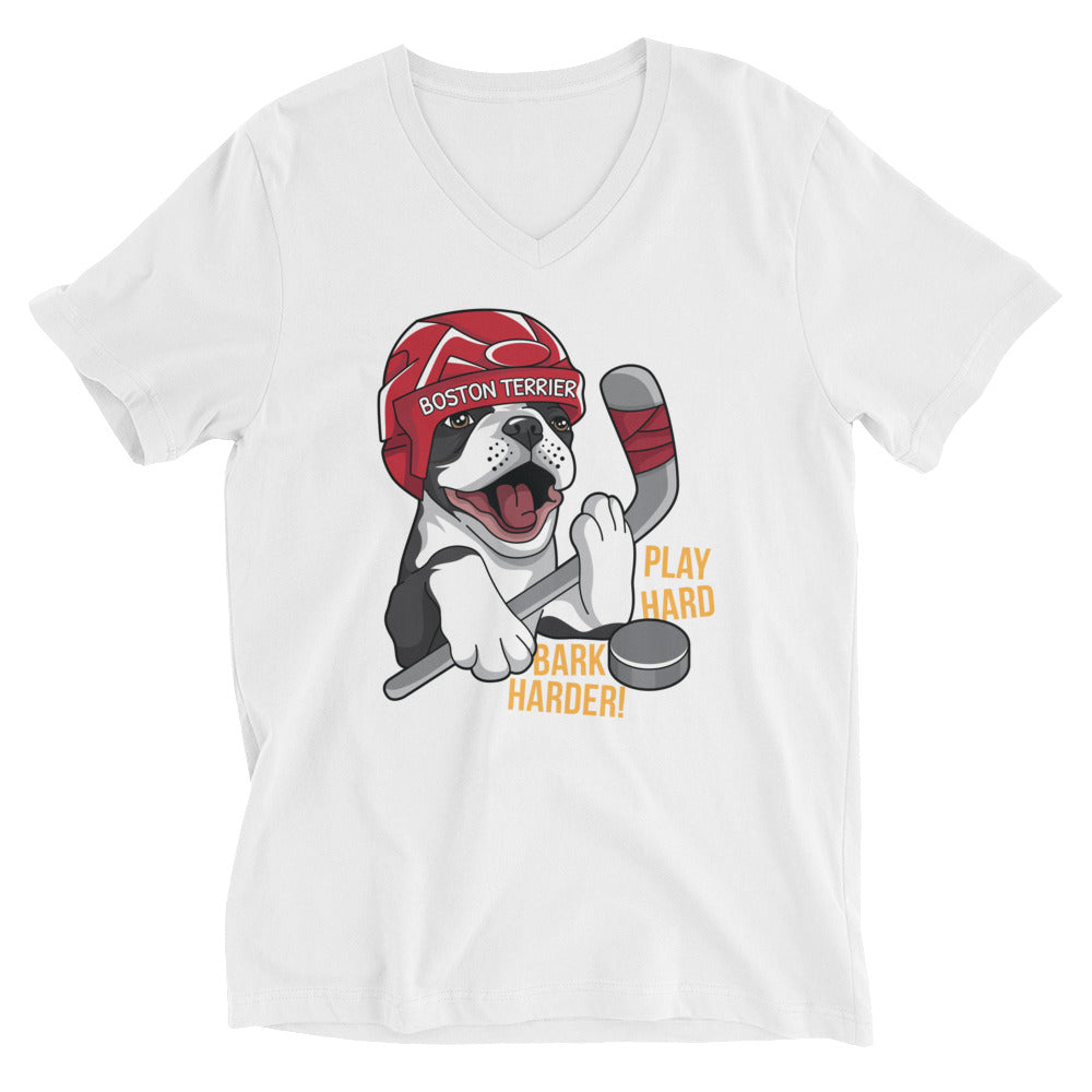 Play Hard Bark Harder Hockey Boston Terrier Unisex Short Sleeve V-Neck T-Shirt