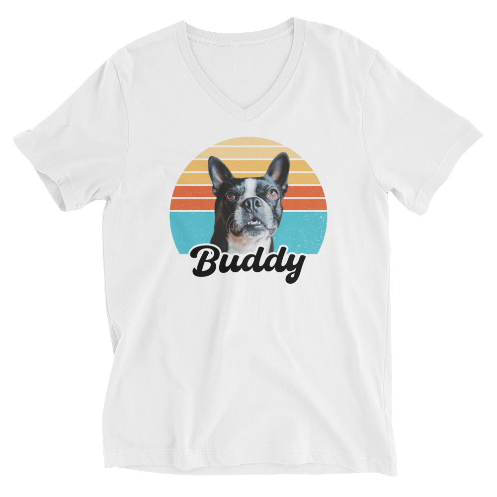 Custom Dog Sunset Vintage Retro Style Unisex Short Sleeve V-Neck T-Shirt . White