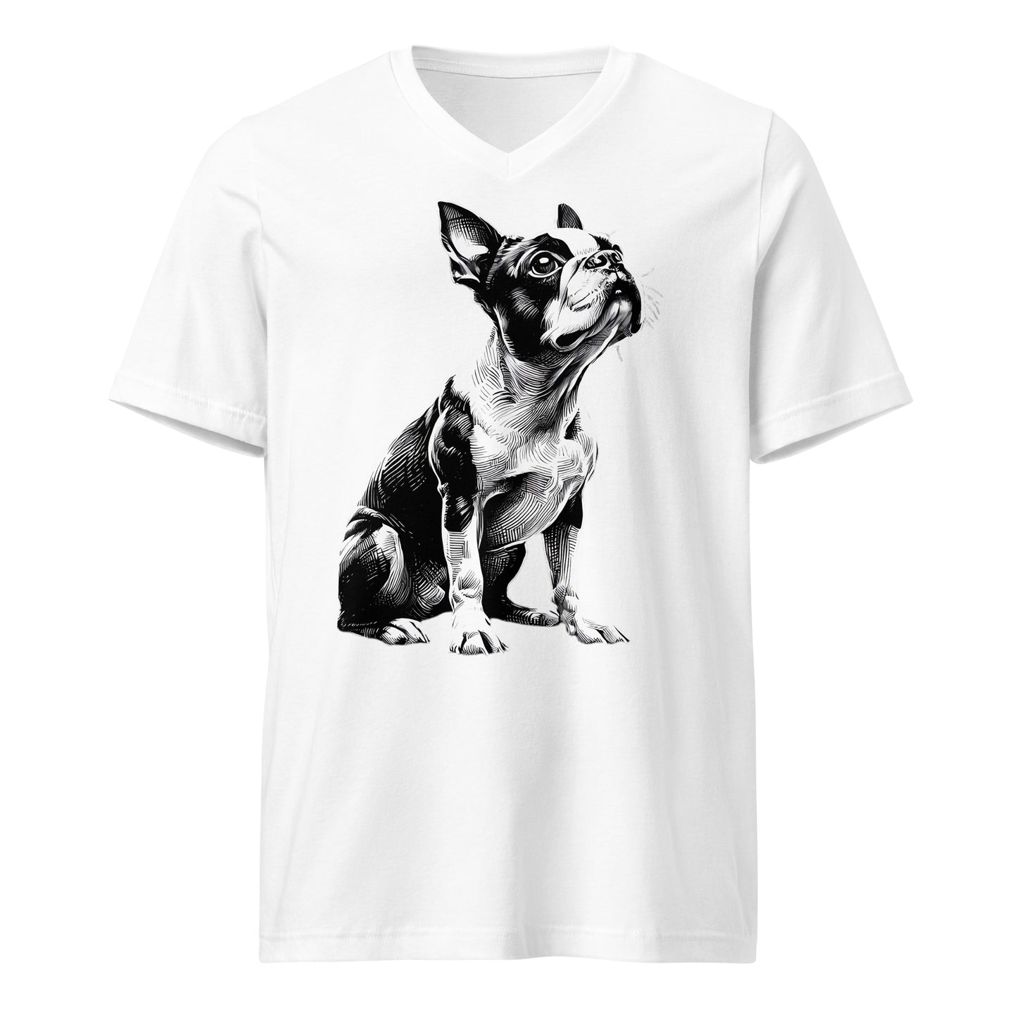 Boston Terrier Line Art Unisex Short Sleeve V-Neck T-Shirt . White