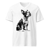 Boston Terrier Line Art Unisex Short Sleeve V-Neck T-Shirt . White