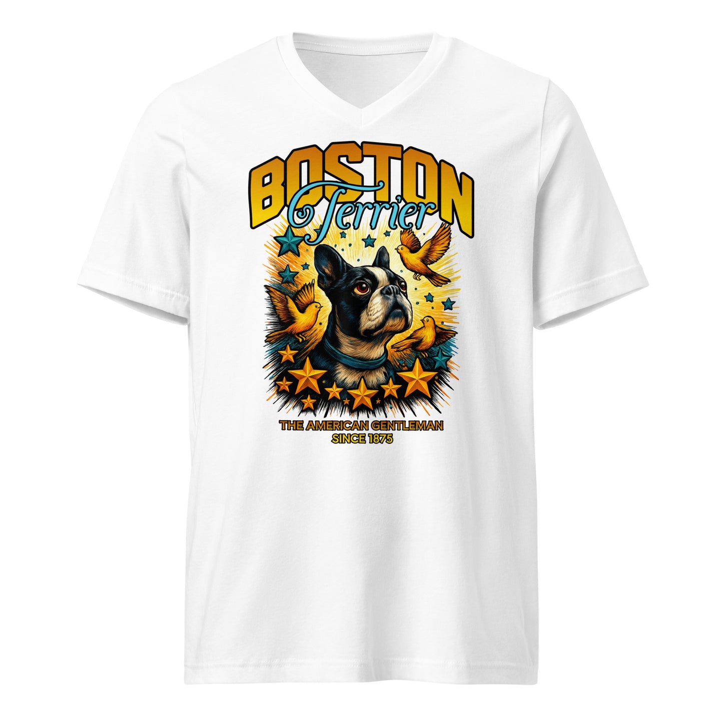 Stars And Birds Boston Terrier Since 1875 Unisex Short Sleeve V-Neck T-Shirt . White