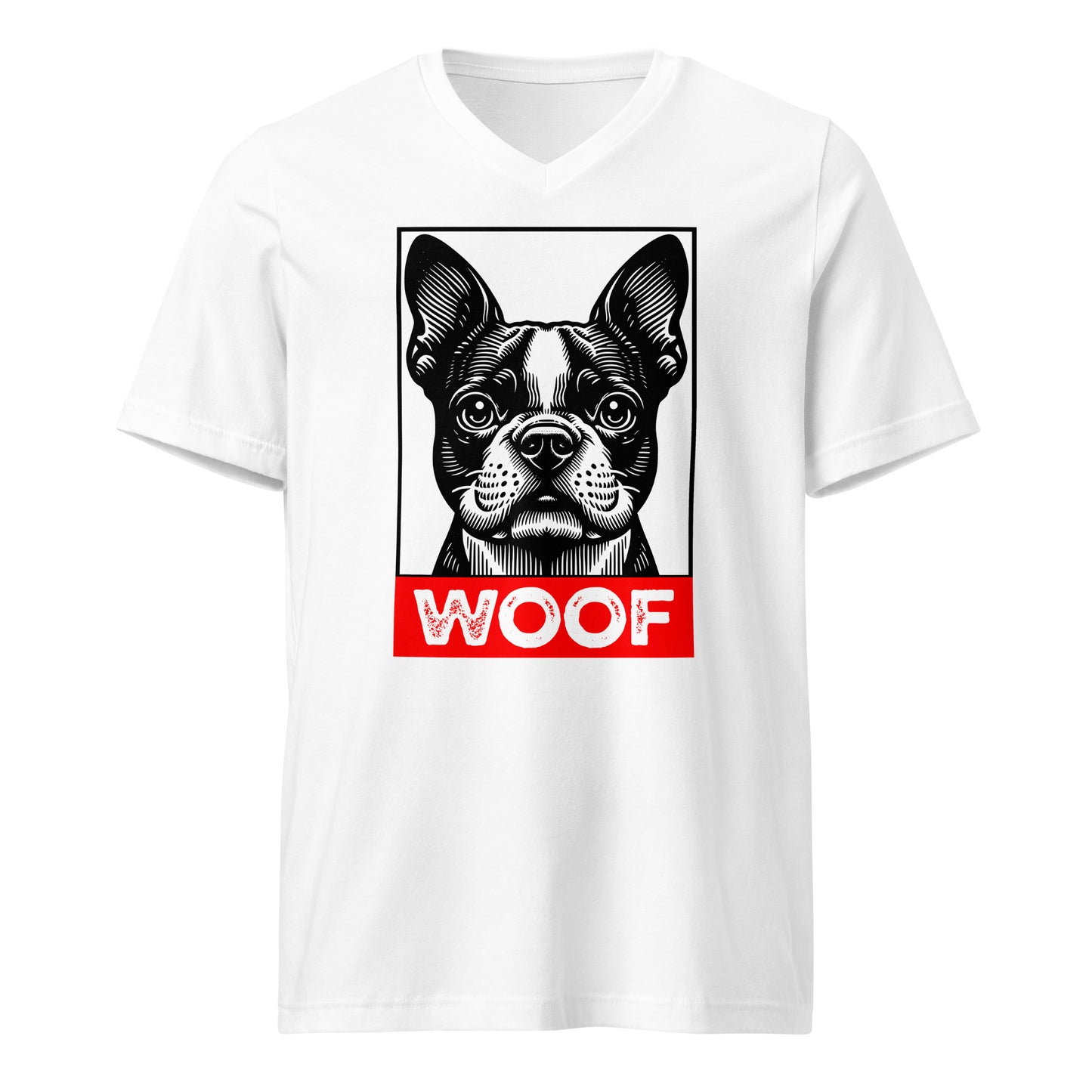Woof Boston Terrier Dog Unisex Short Sleeve V-Neck T-Shirt . White