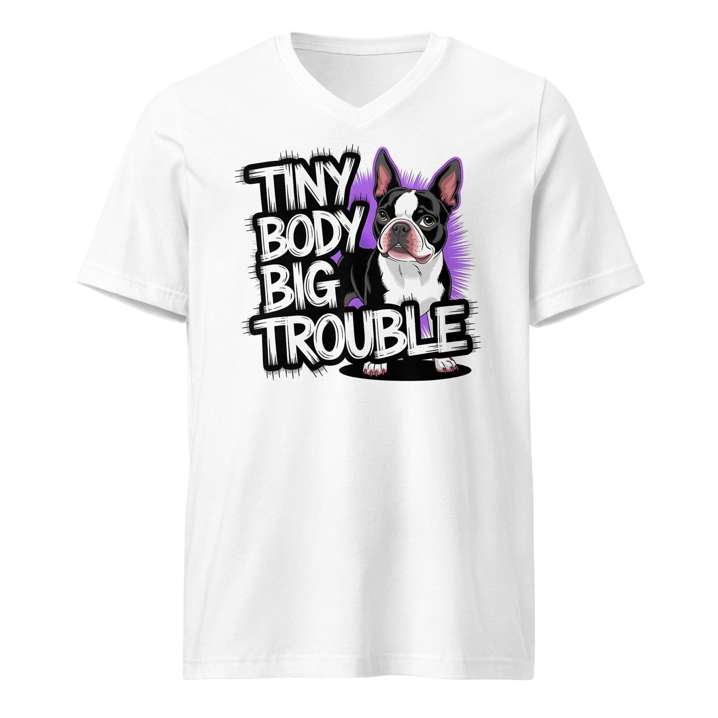 Tiny Body Big Trouble Unisex Short Sleeve V-Neck T-Shirt . White