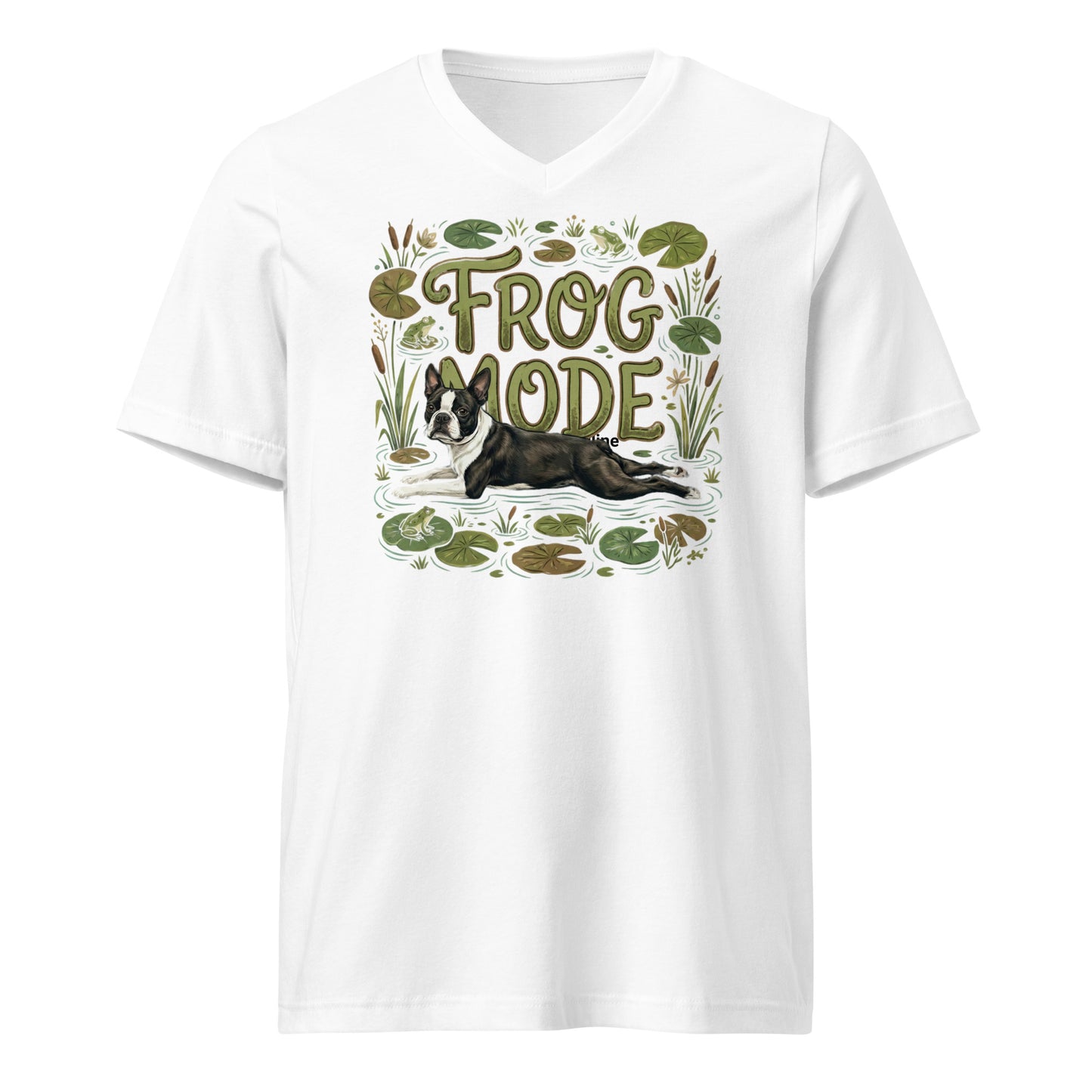 Frog Mode Boston Terrier Dog Unisex Short Sleeve V-Neck T-Shirt . White