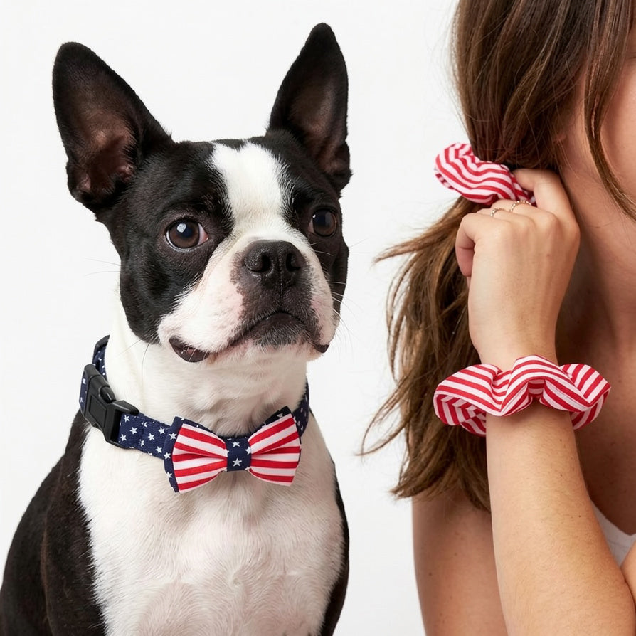 USA Flag Dog Bandana Bowtie Collar Owner's Hair Tie .
