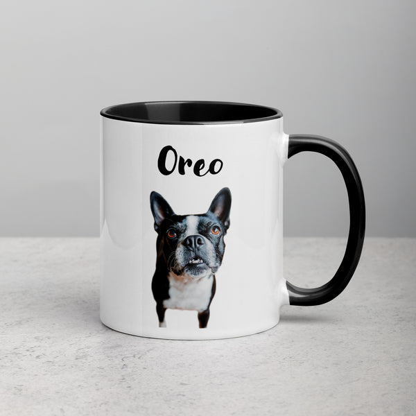 Custom Dog Mug Using Boston Terrier Photo(s) + Name(s) - Mug with Color Inside