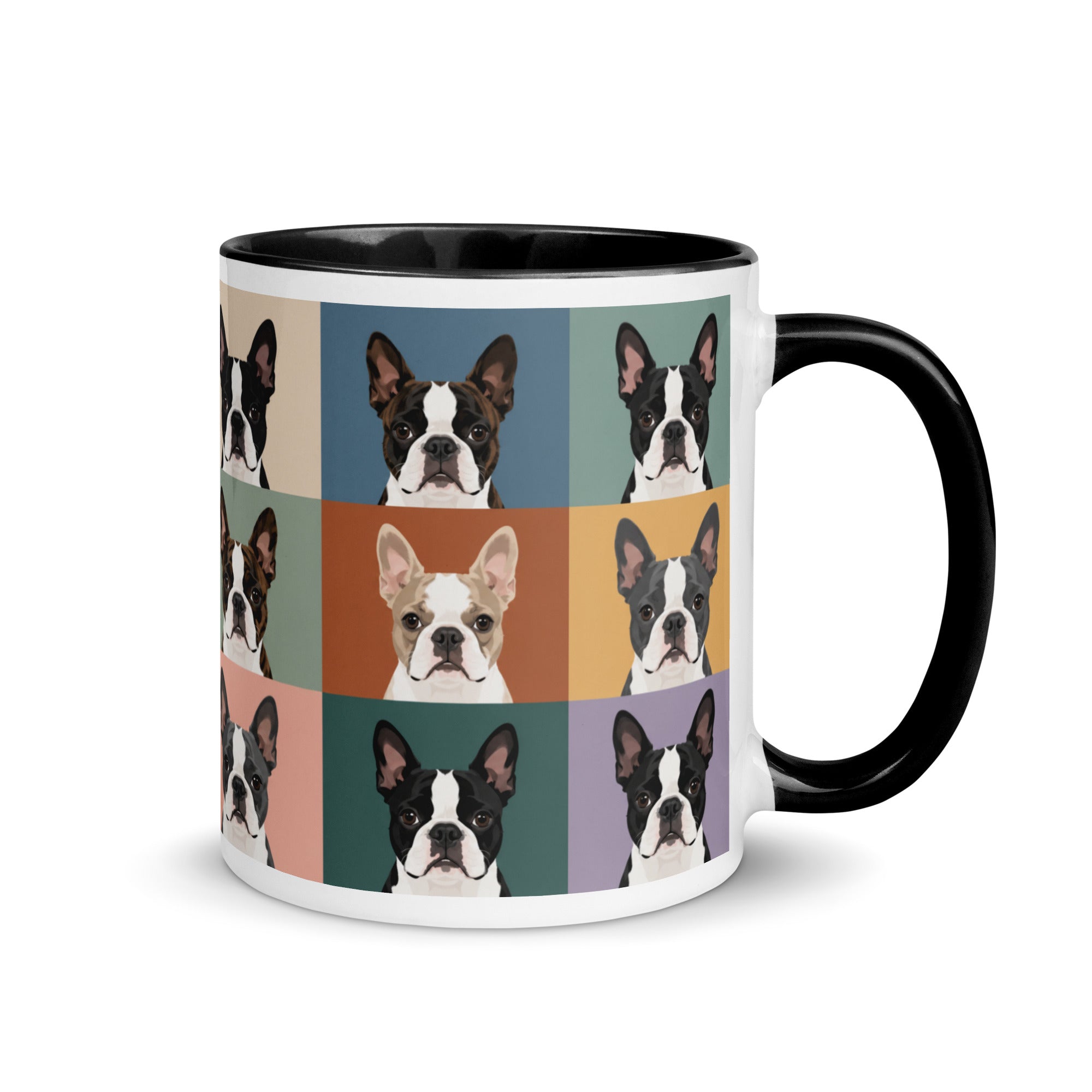 Pop Art Style Colored Boston Terriers Modern Tiles Pattern Mug . Black 11 oz