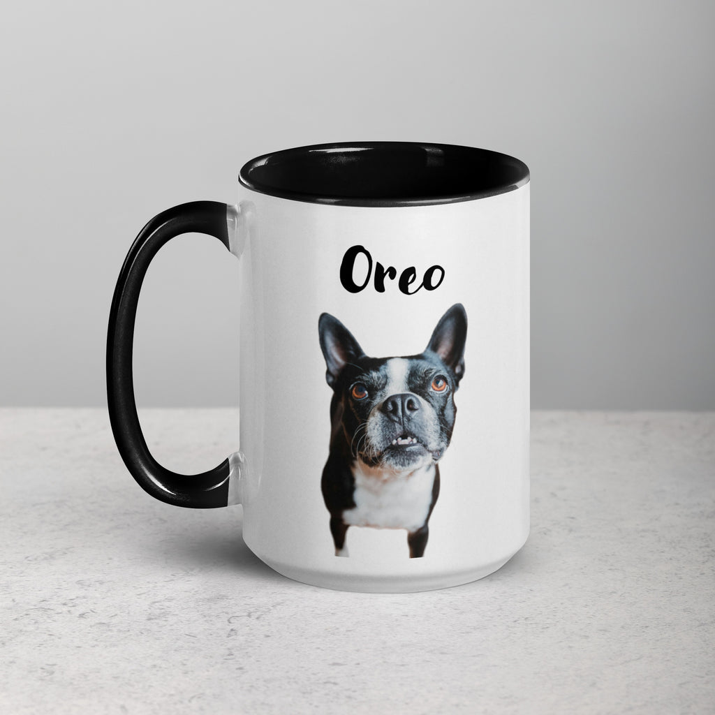 Custom Dog Mug Using Boston Terrier Photo(s) + Name(s) - Mug with Color Inside