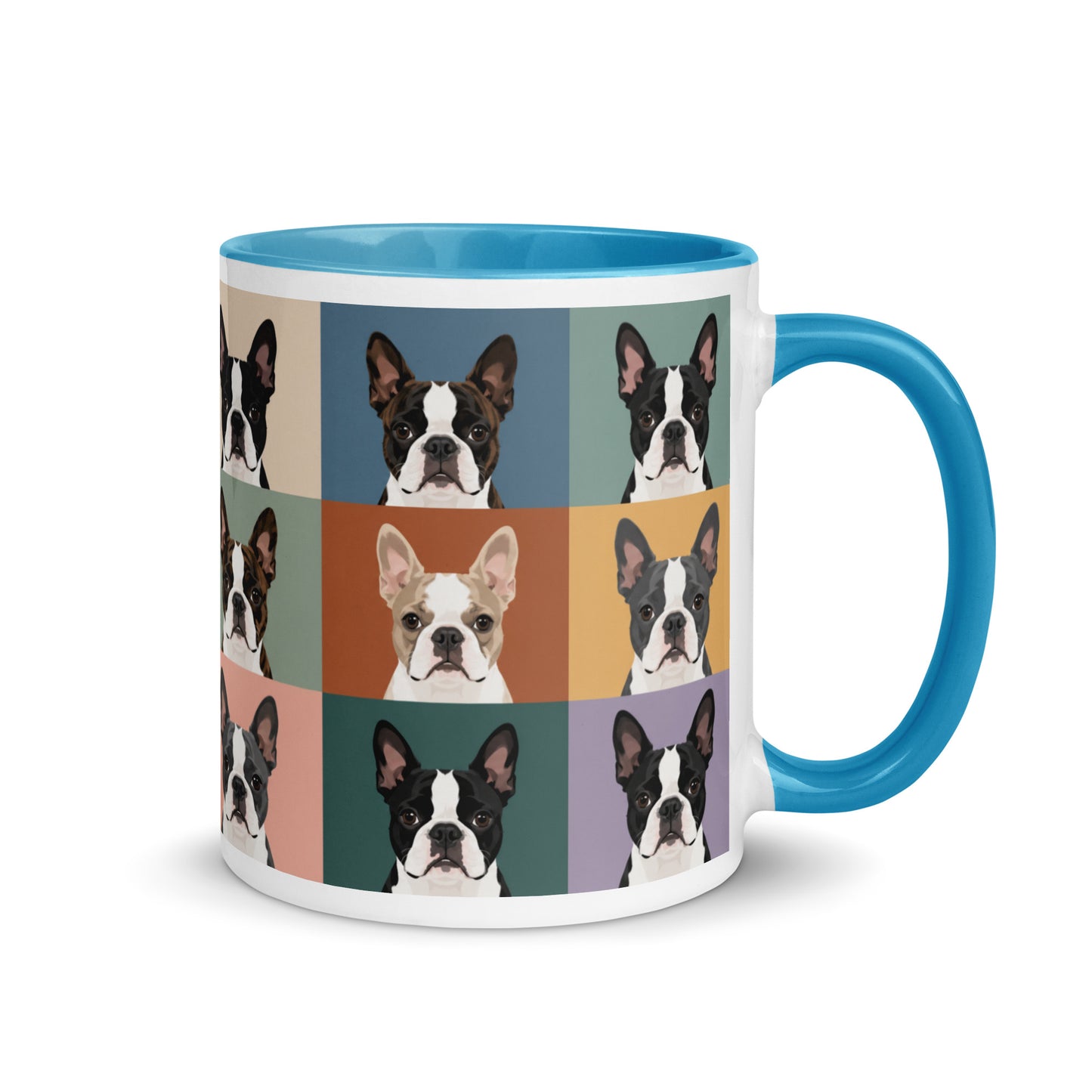 Pop Art Style Colored Boston Terriers Modern Tiles Pattern Mug . Blue 11 oz