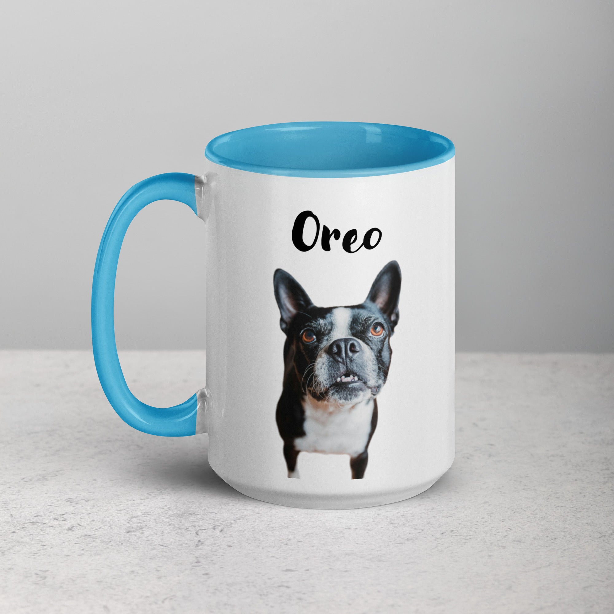 Custom Dog Mug Using Boston Terrier Photo(s) + Name(s) - Mug with Color Inside