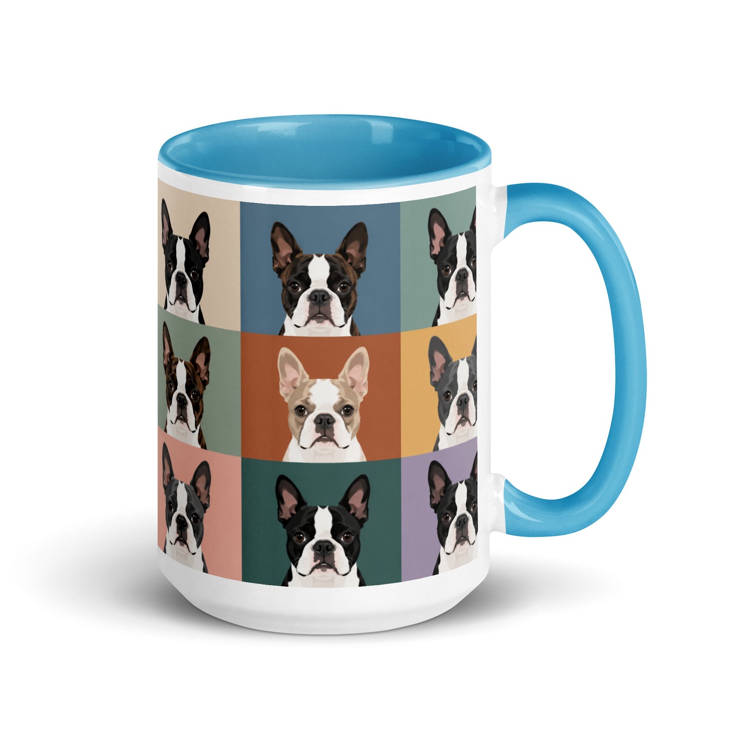 Pop Art Style Colored Boston Terriers Modern Tiles Pattern Mug . Blue 15 oz