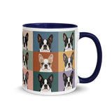 Pop Art Style Colored Boston Terriers Modern Tiles Pattern Mug . Dark Blue 11 oz