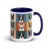 Pop Art Style Colored Boston Terriers Modern Tiles Pattern Mug . Dark Blue 15 oz