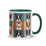 Pop Art Style Colored Boston Terriers Modern Tiles Pattern Mug . Dark green 11 oz