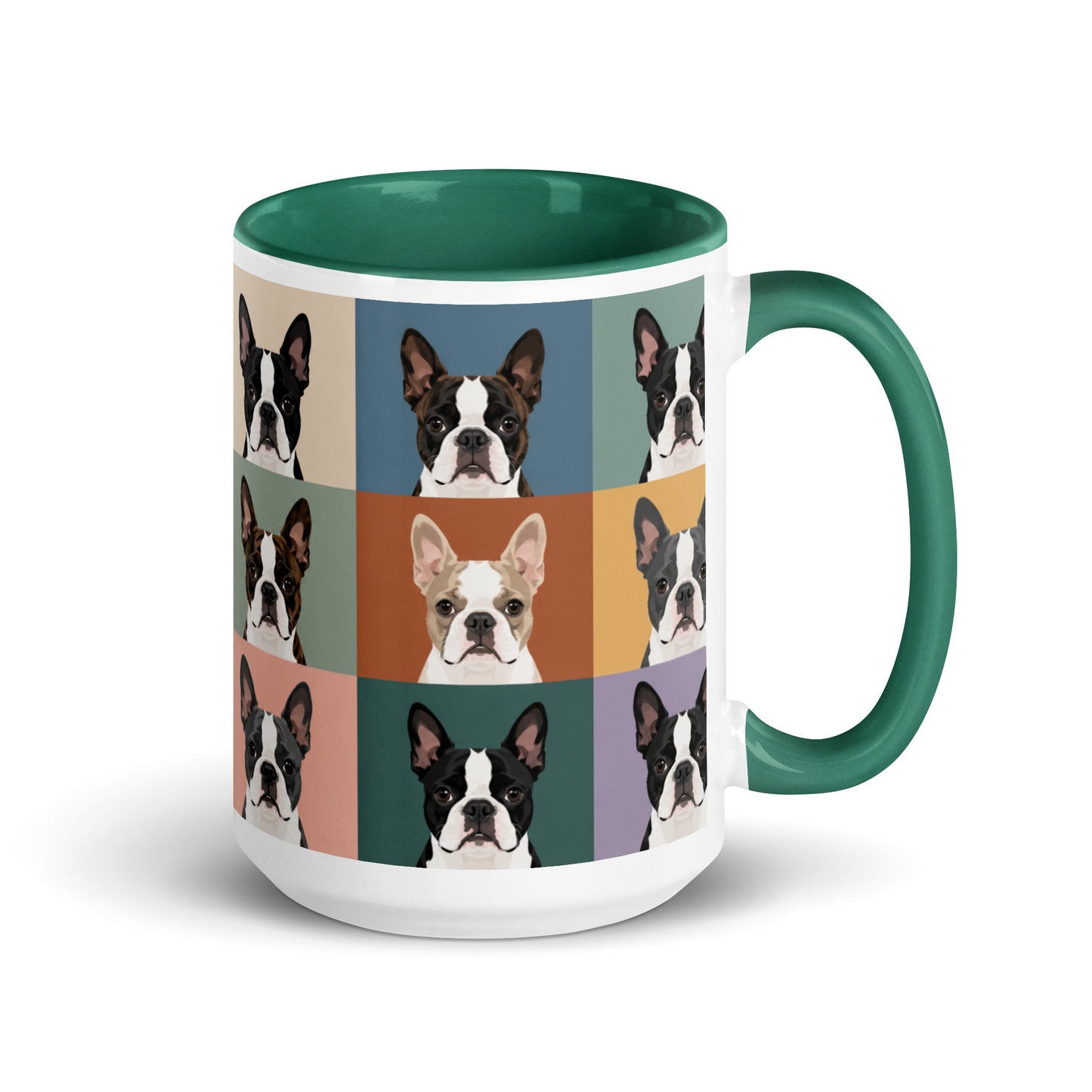 Pop Art Style Colored Boston Terriers Modern Tiles Pattern Mug . Dark green 15 oz