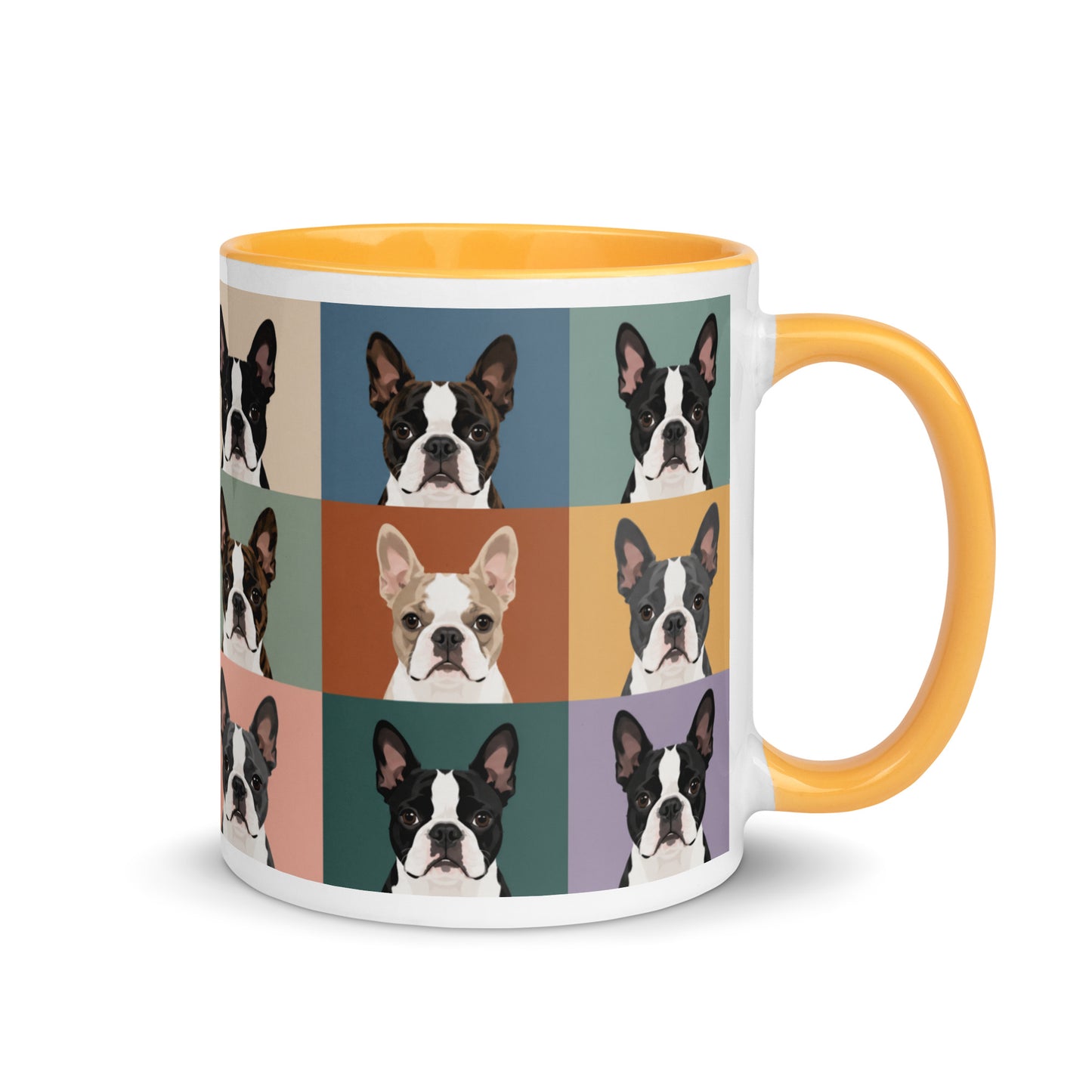 Pop Art Style Colored Boston Terriers Modern Tiles Pattern Mug . Golden Yellow 11 oz