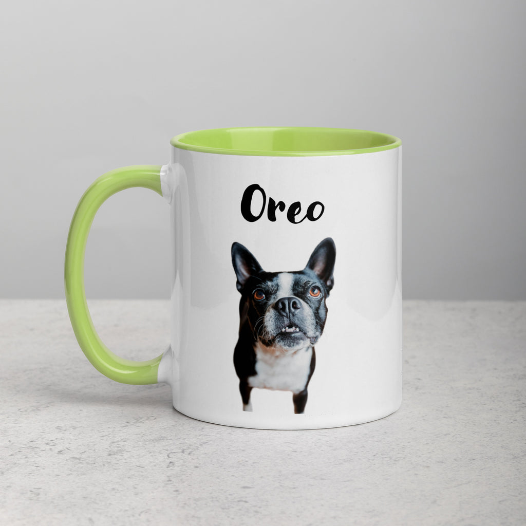 Custom Dog Mug Using Boston Terrier Photo(s) + Name(s) - Mug with Color Inside