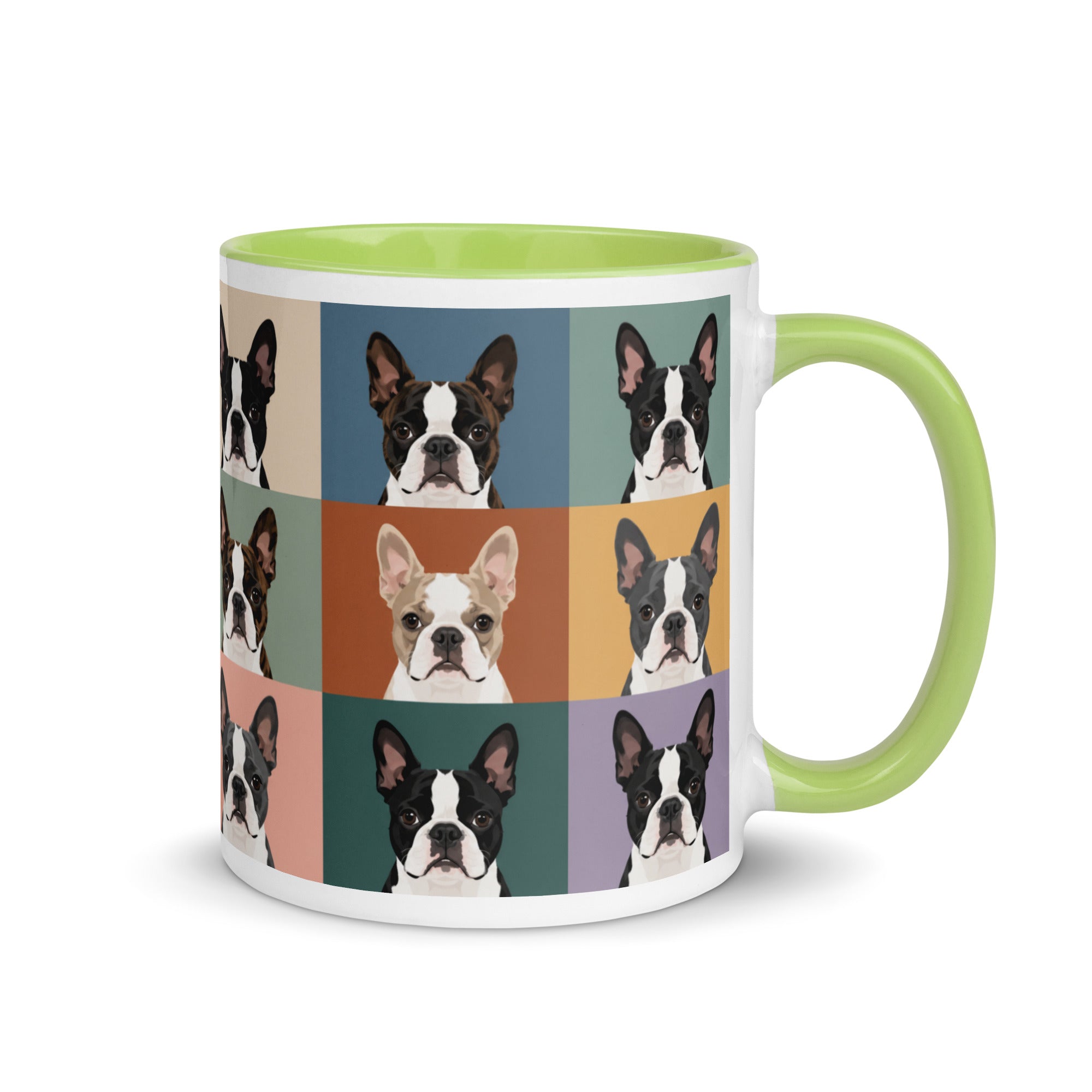 Pop Art Style Colored Boston Terriers Modern Tiles Pattern Mug . Green 11 oz