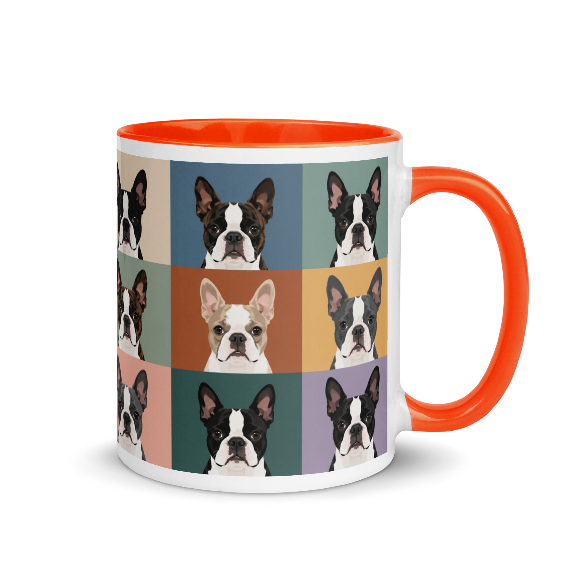 Pop Art Style Colored Boston Terriers Modern Tiles Pattern Mug . Orange 11 oz