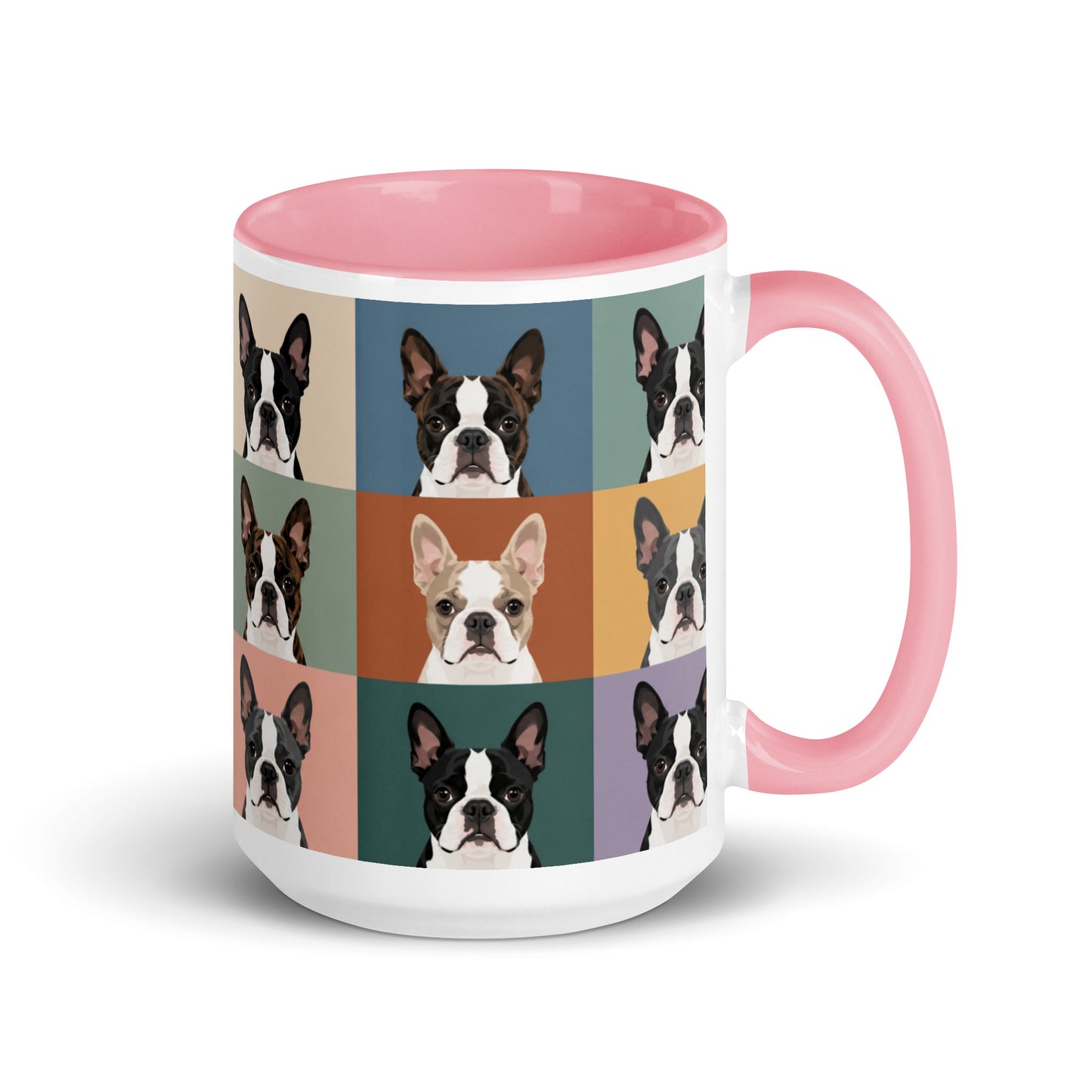 Pop Art Style Colored Boston Terriers Modern Tiles Pattern Mug . Pink 15 oz