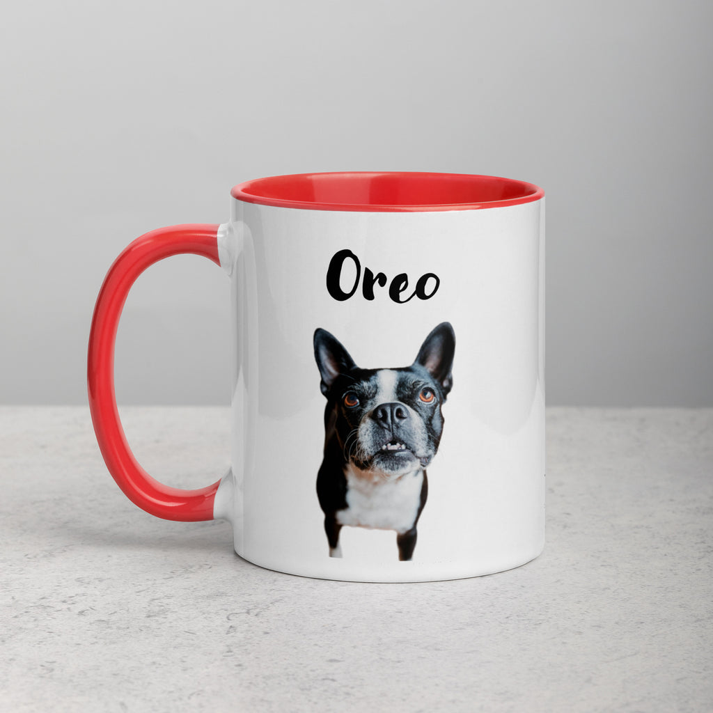 Custom Dog Mug Using Boston Terrier Photo(s) + Name(s) - Mug with Color Inside